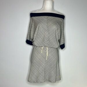 Skunkfunk blue & cream print drawstring waist off the shoulder dress size 1 = XS